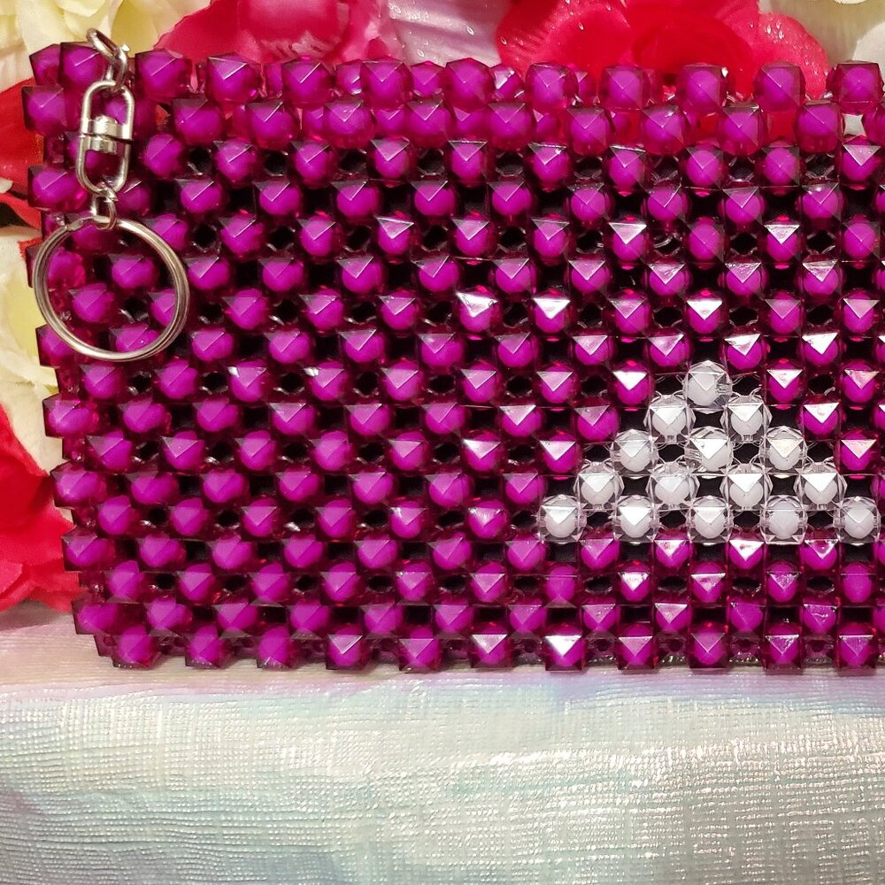 Fuchsia with White Triangle Beaded Purse **Brand New**